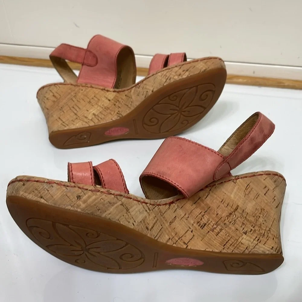 Born‎ Amabel Salmon Pink Leather Wedge Sandals Heel Summer Womens Size 7